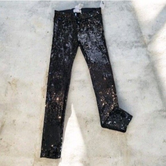 ALICE + OLIVIA SCOOP Black Sequin Pull-On Leggings Pants Mid Rise Sz M New - Picture 1 of 7